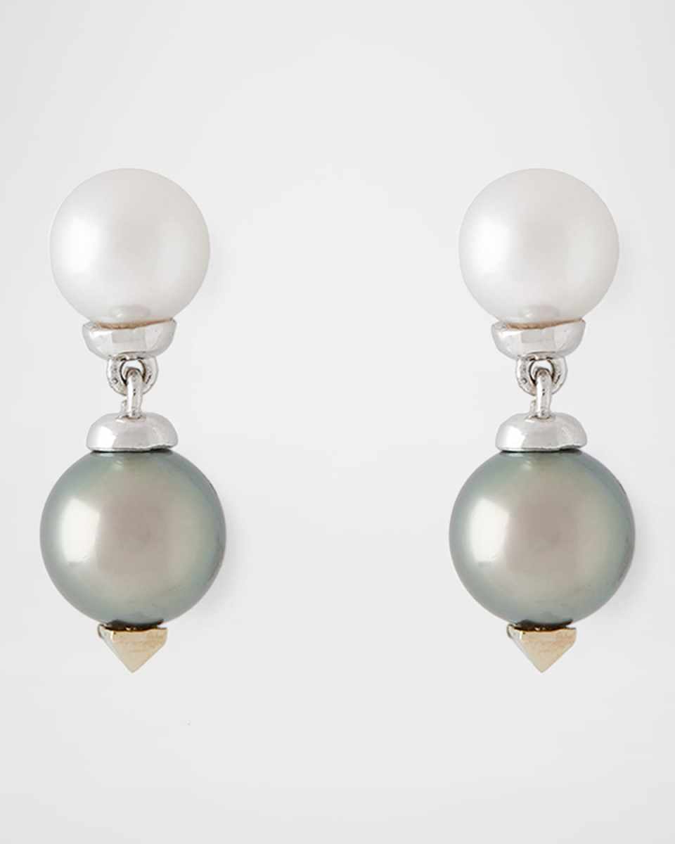 18K White Gold 9mm Gray Tahitian Pearl and 8mm Akoya Pearl Drop Earrings